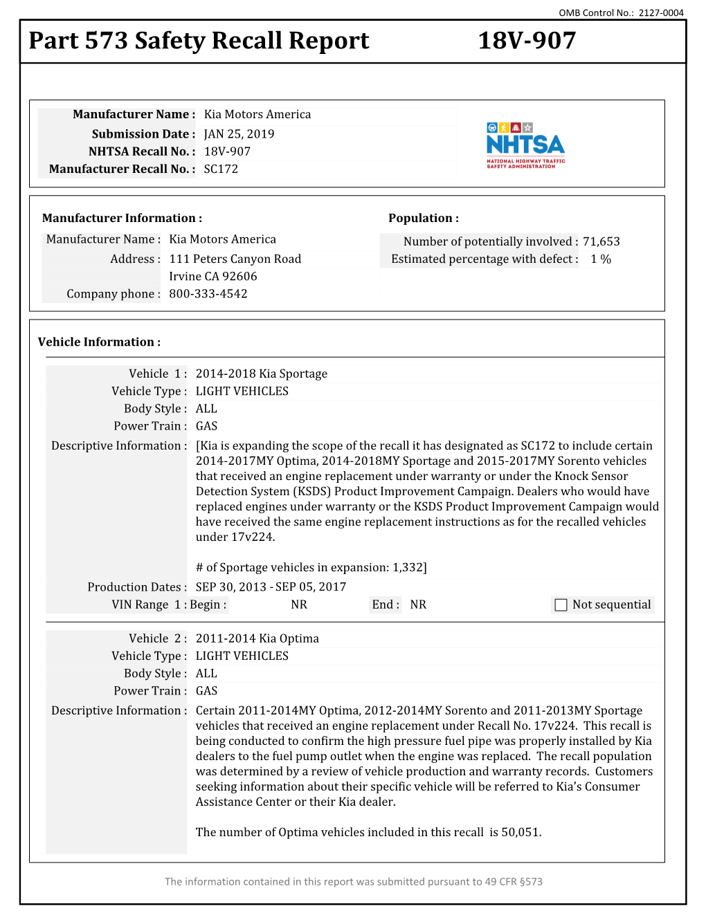 Part 573 Safety Recall Report 18V-907