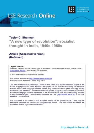 “A New Type of Revolution”: Socialist Thought in India, 1940S-1960S