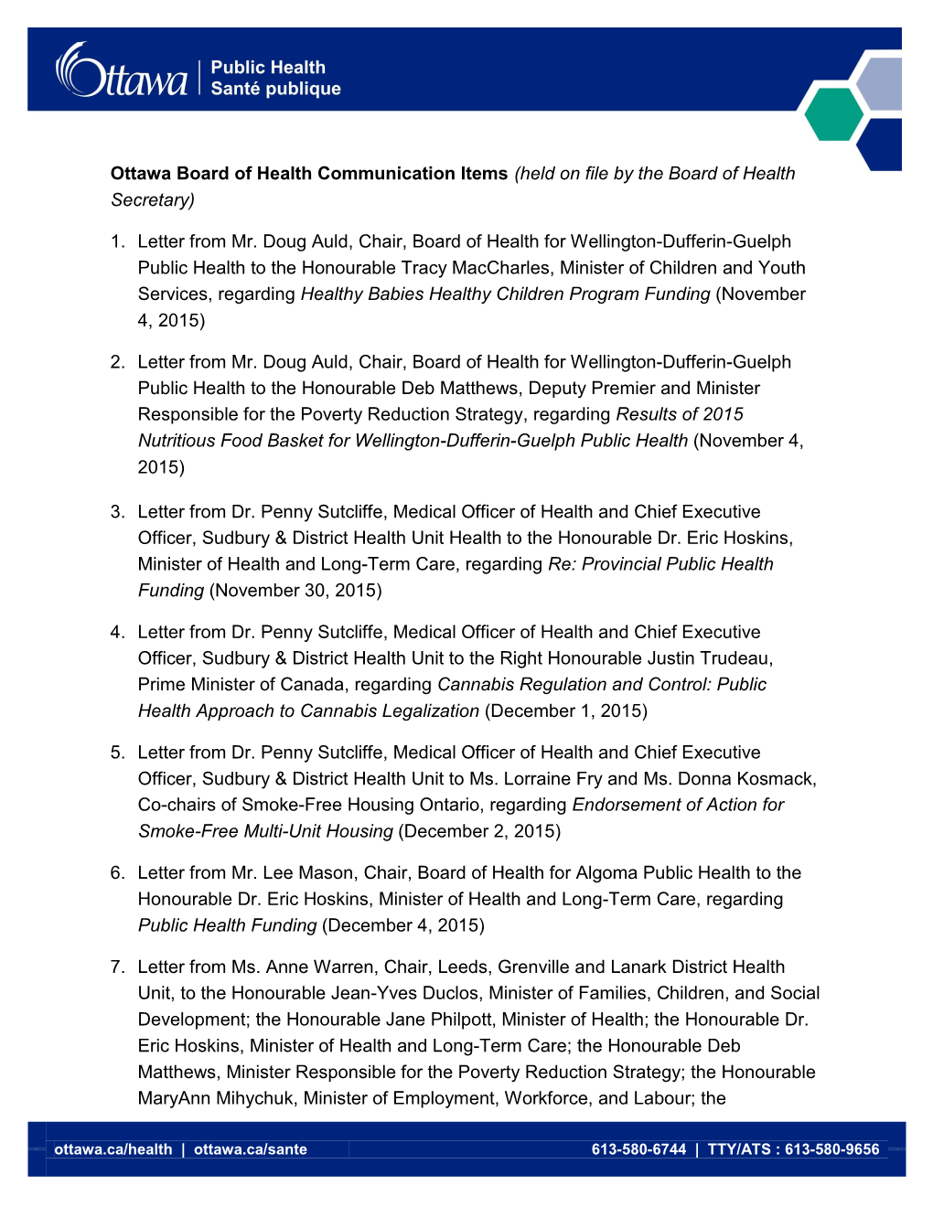 Ottawa Board of Health Communication Items List EN