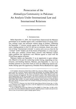 Persecution of the Ahmadiyya Community in Pakistan: an Analysis Under International Law and International Relations