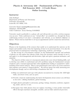 Physics & Astronomy 222 – Fundamentals of Physics – S Fall