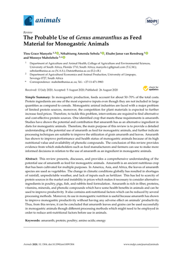 The Probable Use of Genus Amaranthus As Feed Material for Monogastric Animals