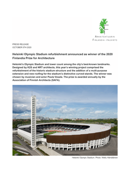 Helsinki Olympic Stadium Refurbishment Announced As Winner of the 2020 Finlandia Prize for Architecture