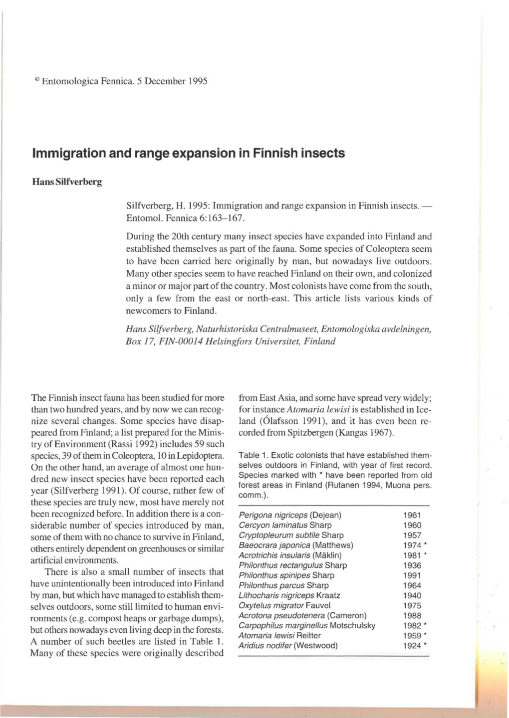 Immigration and Range Expansion in Finnish Insects