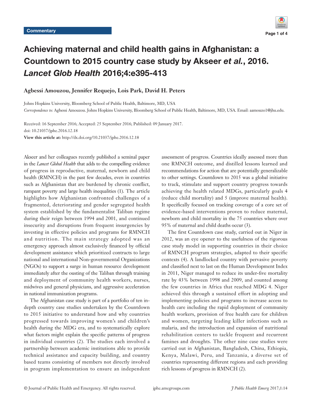 Achieving Maternal and Child Health Gains in Afghanistan: a Countdown to 2015 Country Case Study by Akseer Et Al., 2016