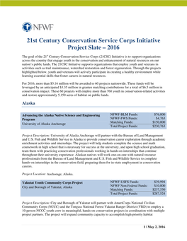21St Century Conservation Service Corps Initiative Project Slate – 2016