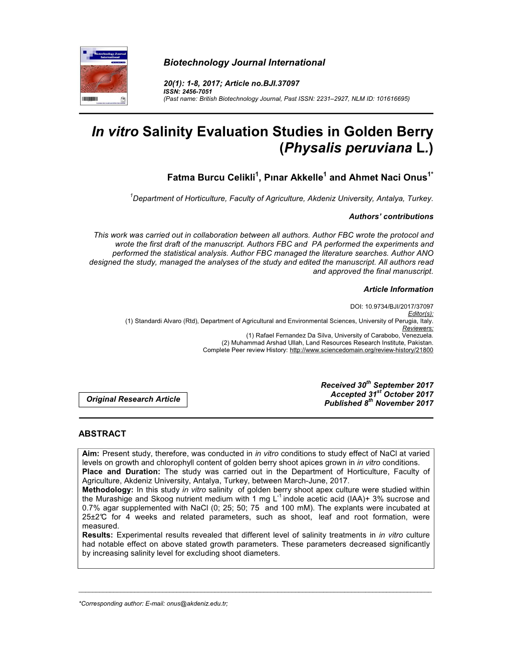 In Vitro Salinity Evaluation Studies in Golden Berry (Physalis Peruviana L.)