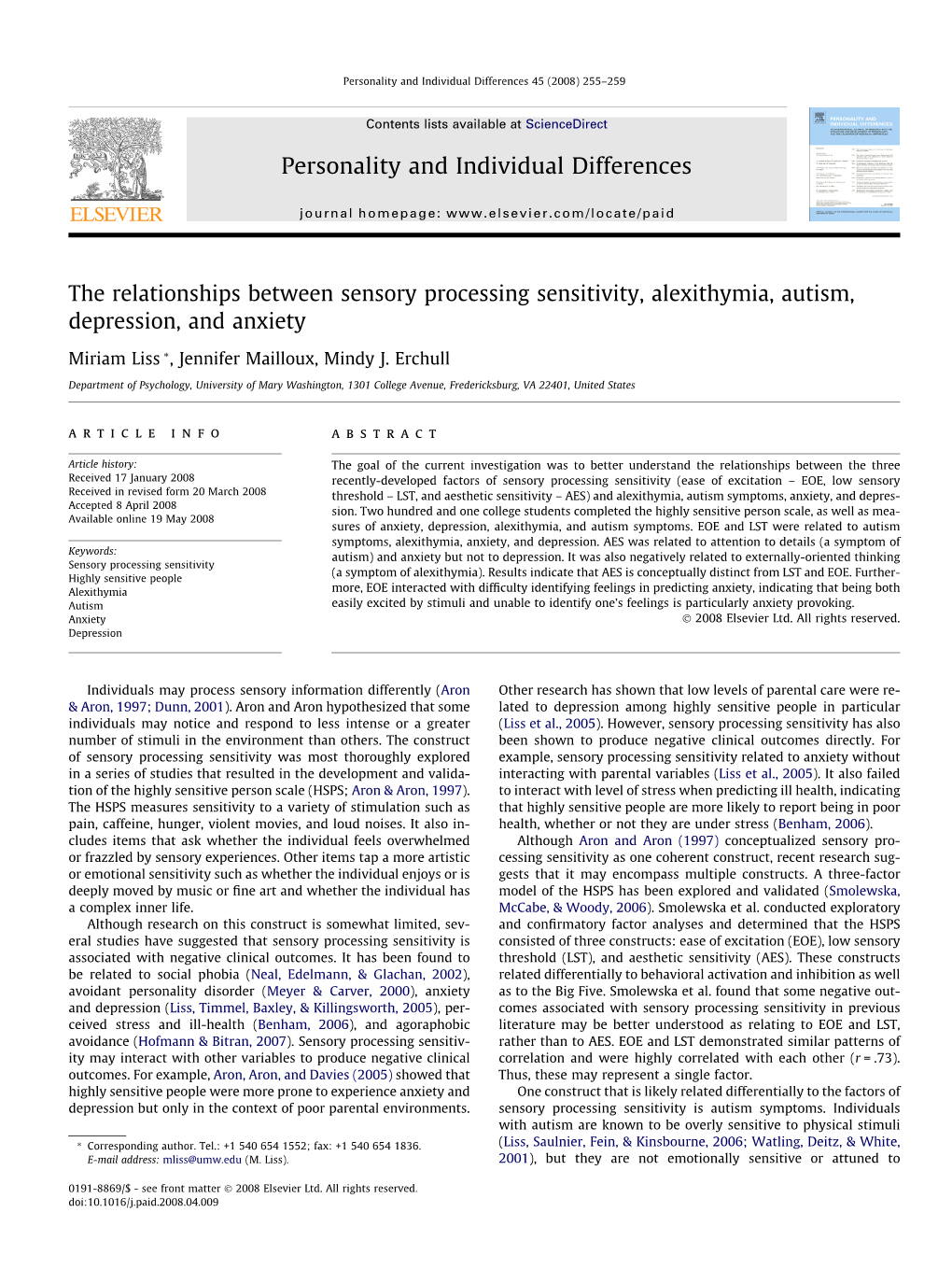 The Relationships Between Sensory Processing Sensitivity, Alexithymia, Autism, Depression, and Anxiety