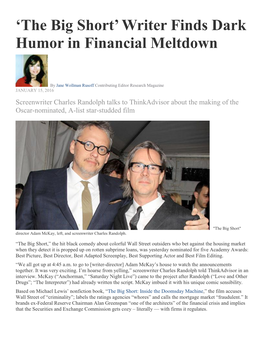 „The Big Short‟ Writer Finds Dark Humor in Financial Meltdown