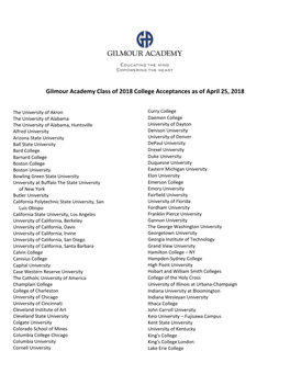Gilmour Academy Class of 2018 College Acceptances As of April 25, 2018