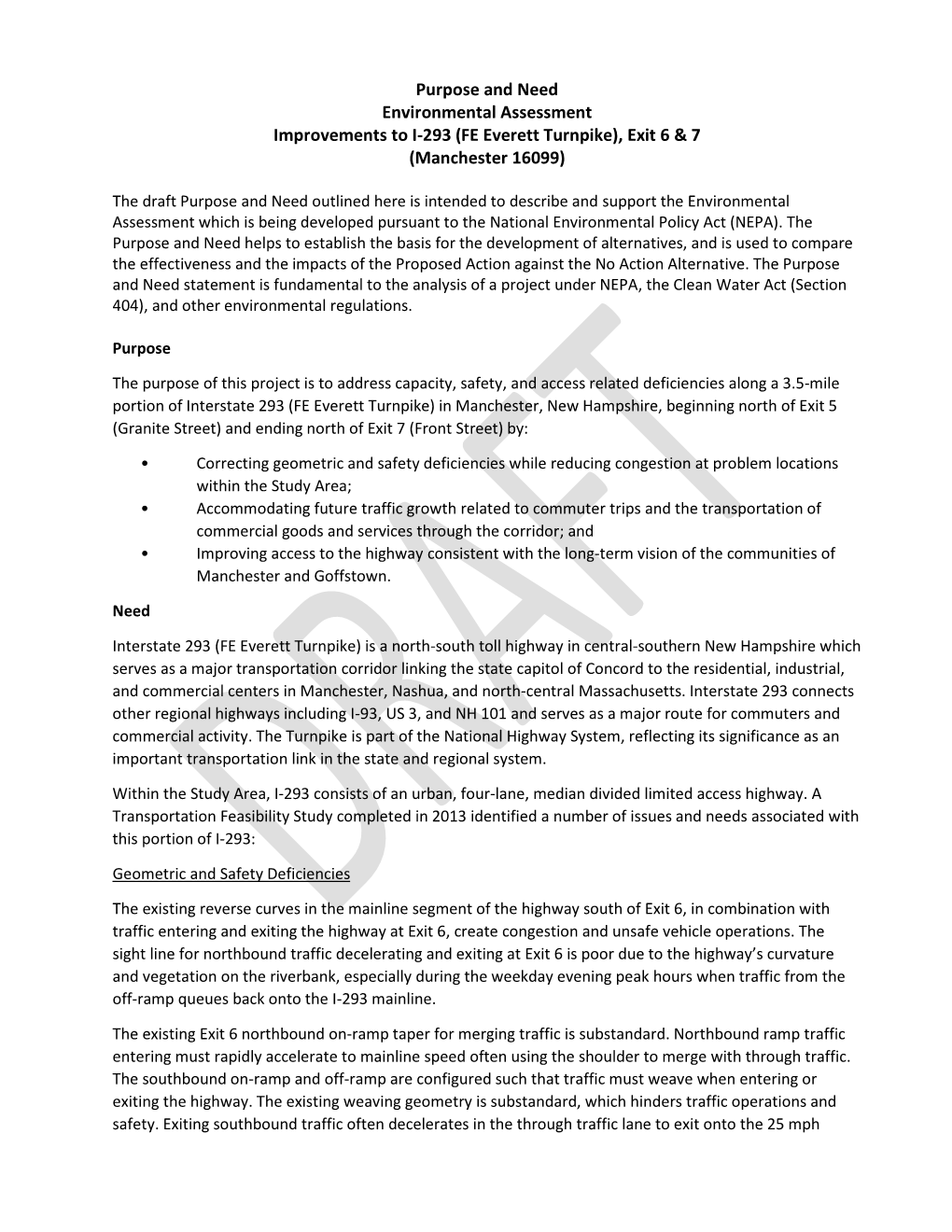 Purpose and Need Environmental Assessment Improvements to I-293 (FE Everett Turnpike), Exit 6 & 7 (Manchester 16099)