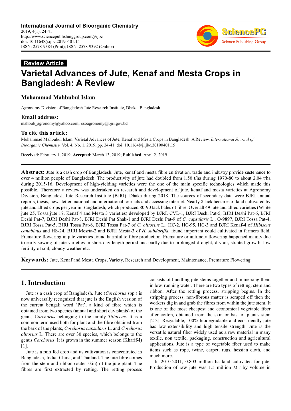 Varietal Advances of Jute, Kenaf and Mesta Crops in Bangladesh: a Review