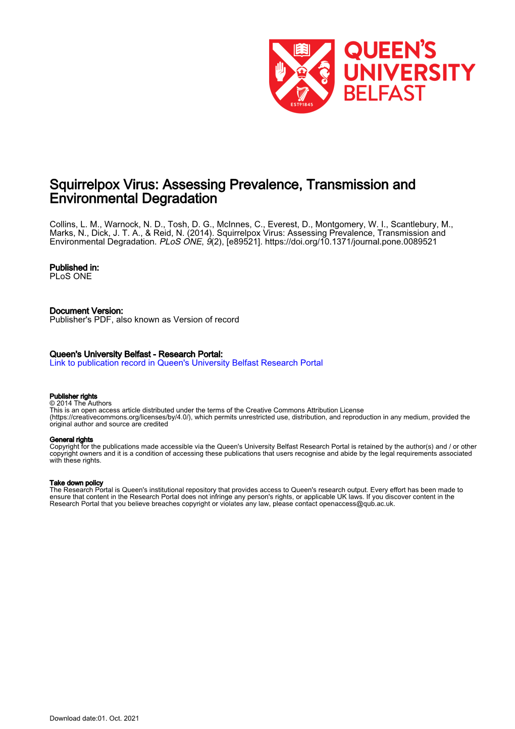 Squirrelpox Virus: Assessing Prevalence, Transmission and Environmental Degradation