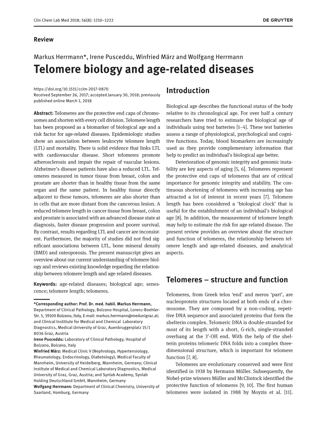 Telomere Biology and Age-Related Diseases