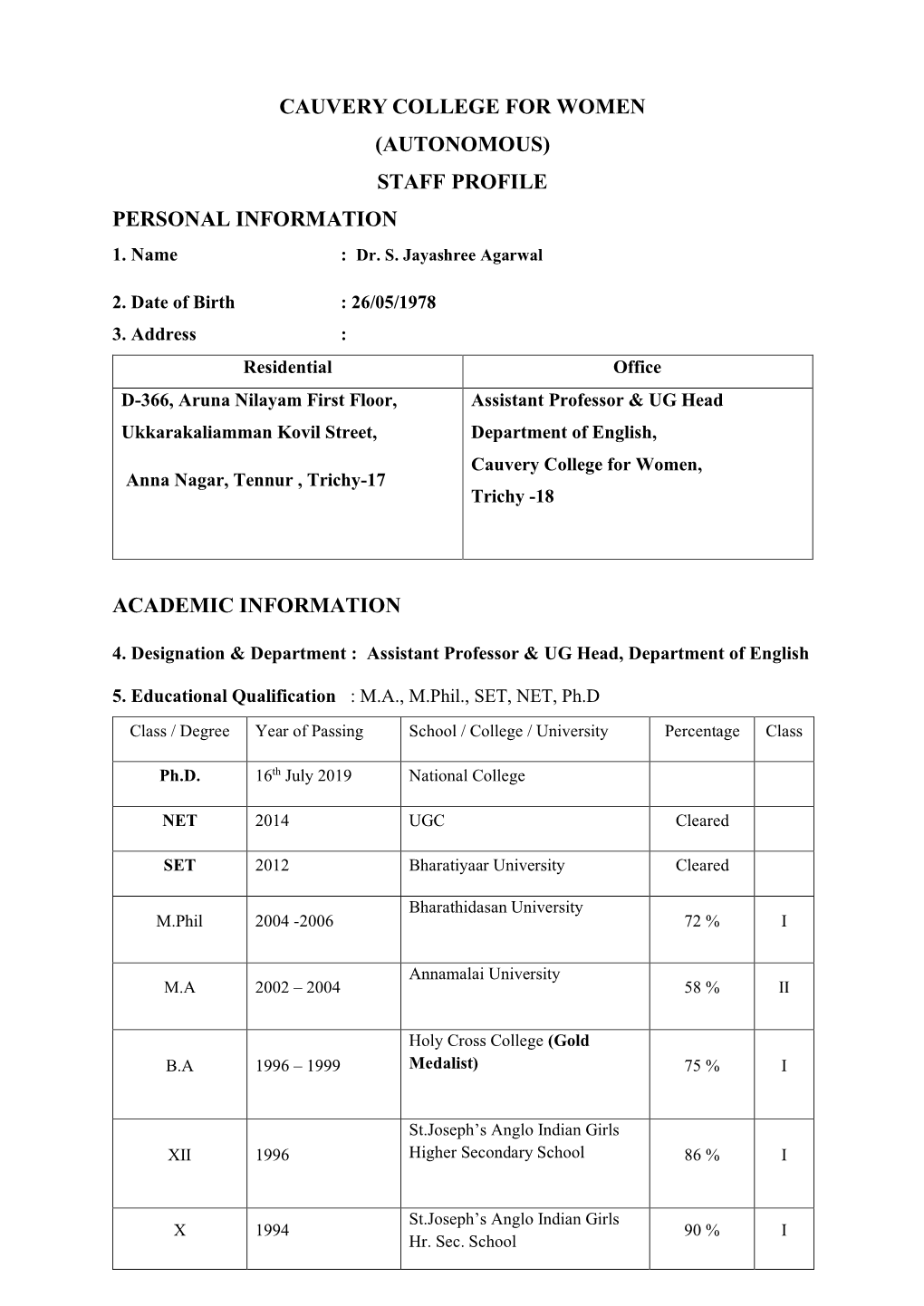 Cauvery College for Women (Autonomous) Staff Profile Personal Information 1