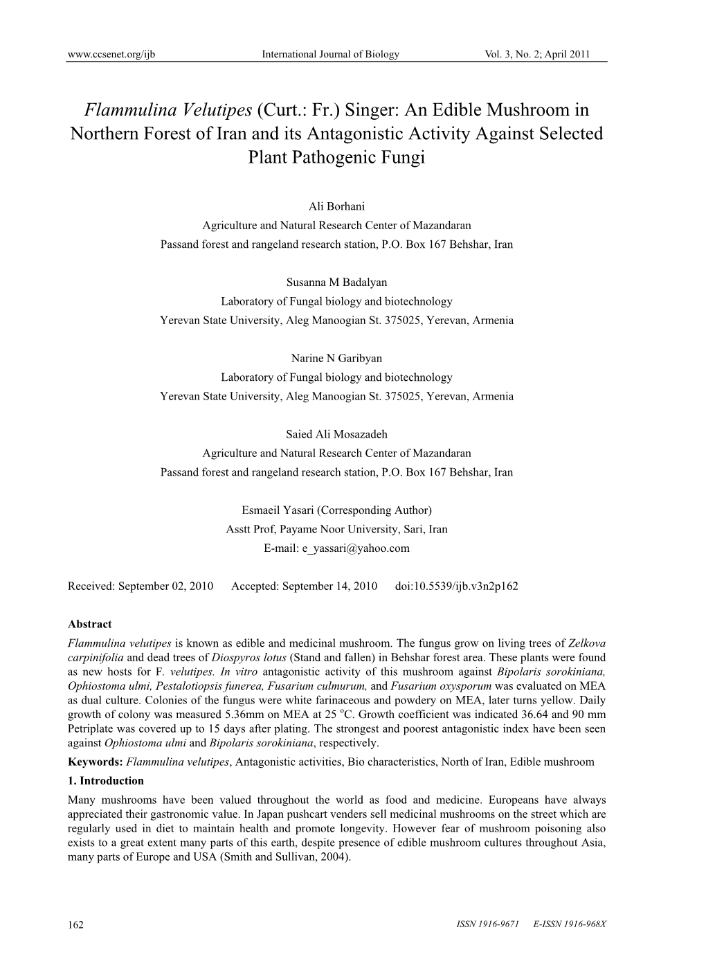 Flammulina Velutipes (Curt.: Fr.) Singer: an Edible Mushroom in Northern Forest of Iran and Its Antagonistic Activity Against Selected Plant Pathogenic Fungi