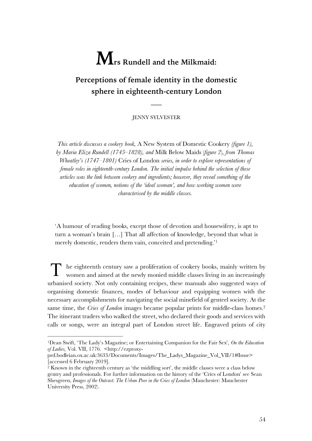 Mrs Rundell and the Milkmaid: Perceptions of Female Identity in the Domestic Sphere in Eighteenth-Century London ___