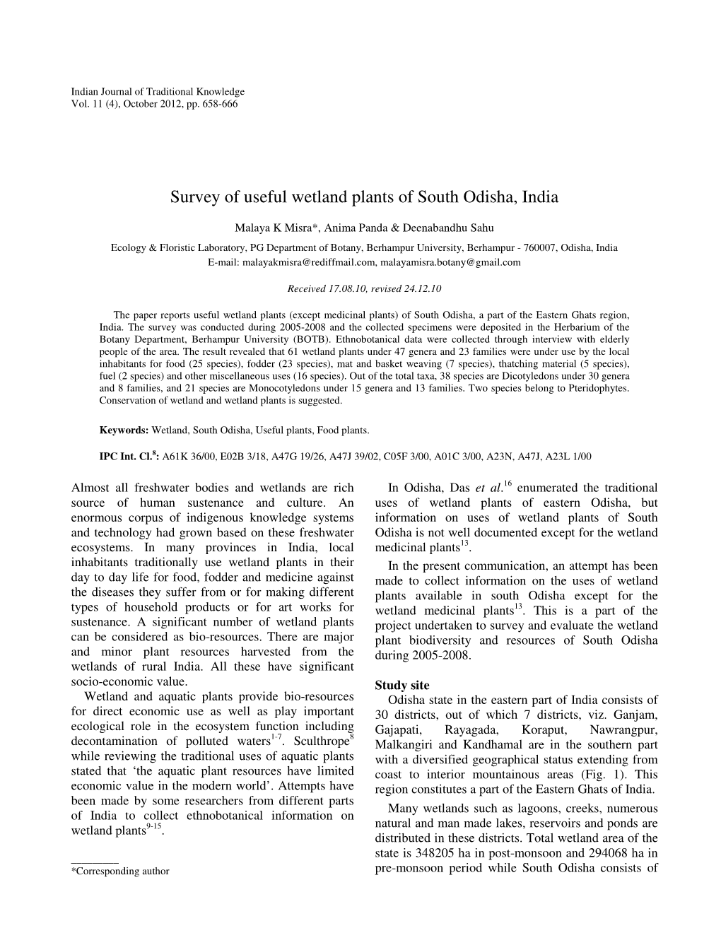 Survey of Useful Wetland Plants of South Odisha, India