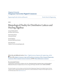 Bitopological Duality for Distributive Lattices and Heyting Algebras Guram Bezhanishvili New Mexico State University