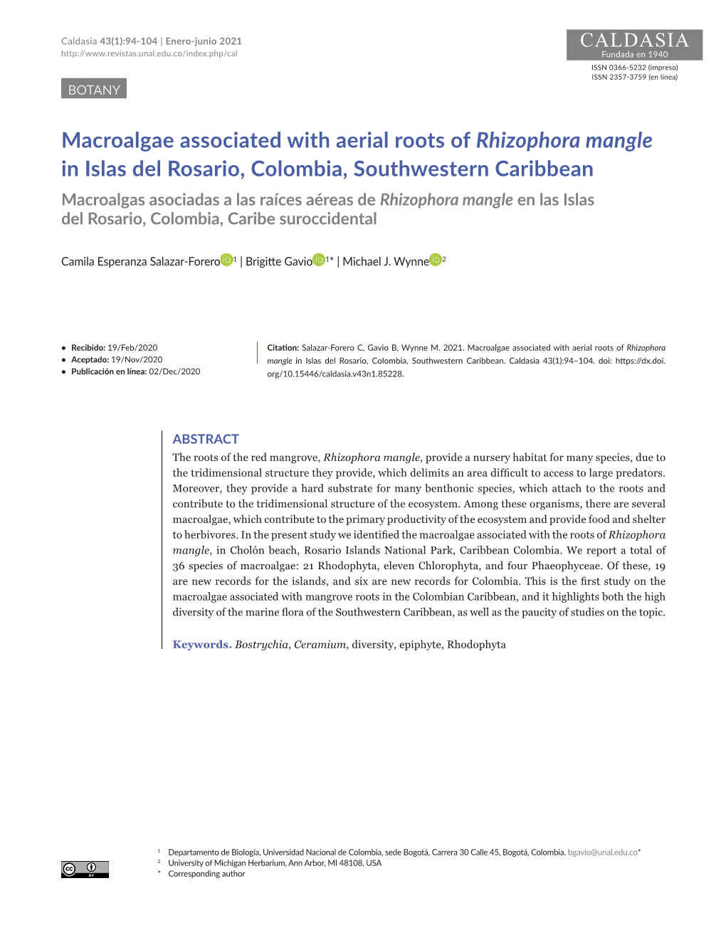 Macroalgae Associated with Aerial Roots of Rhizophora Mangle in Islas