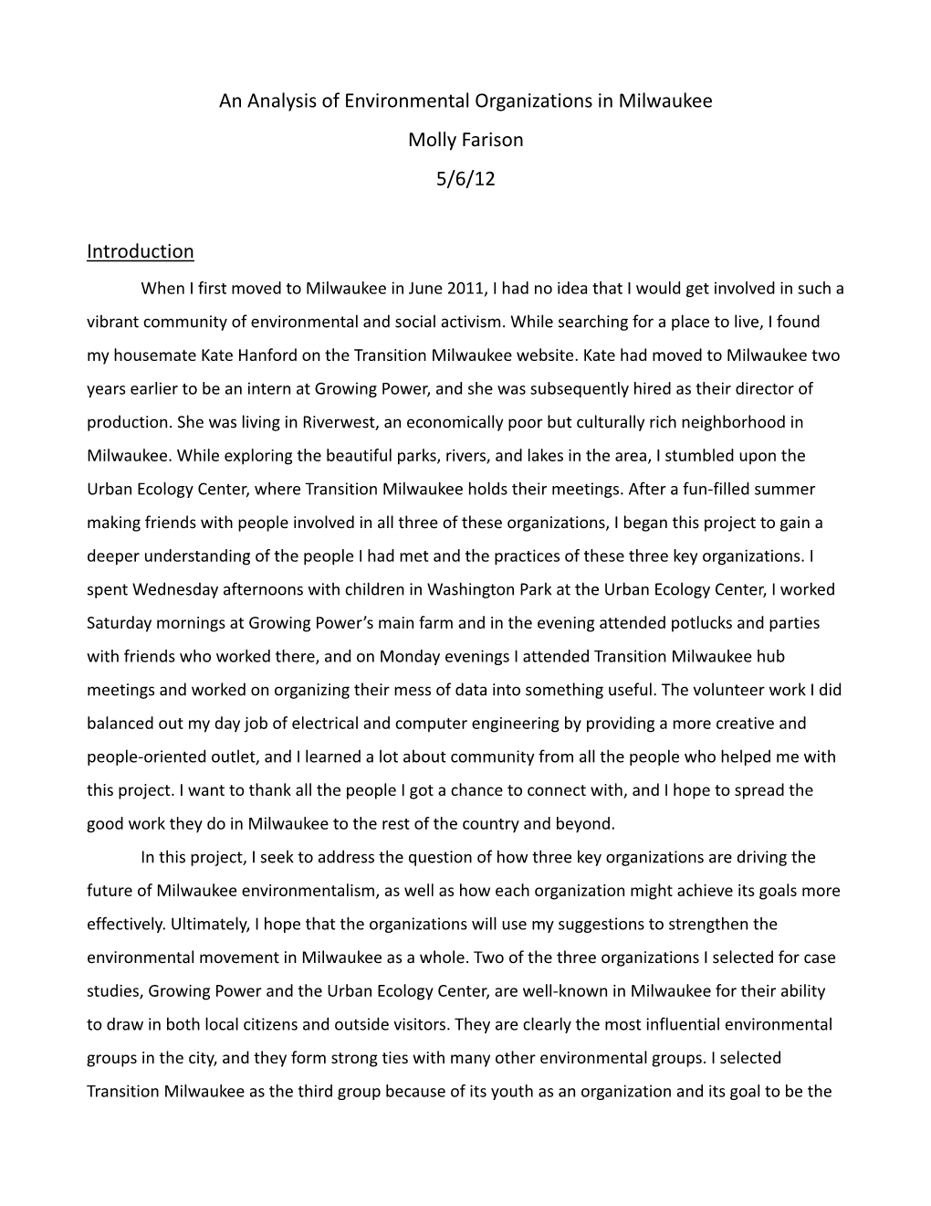 An Analysis of Environmental Organizations in Milwaukee Molly Farison 5/6/12