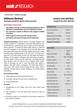 Oldtown Berhad Initiate with NEUTRAL Overseas Market to Deliver Future Growth Target Price (TP): RM2.90