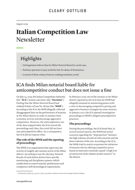 Italian Competition Law Newsletter, August 2019