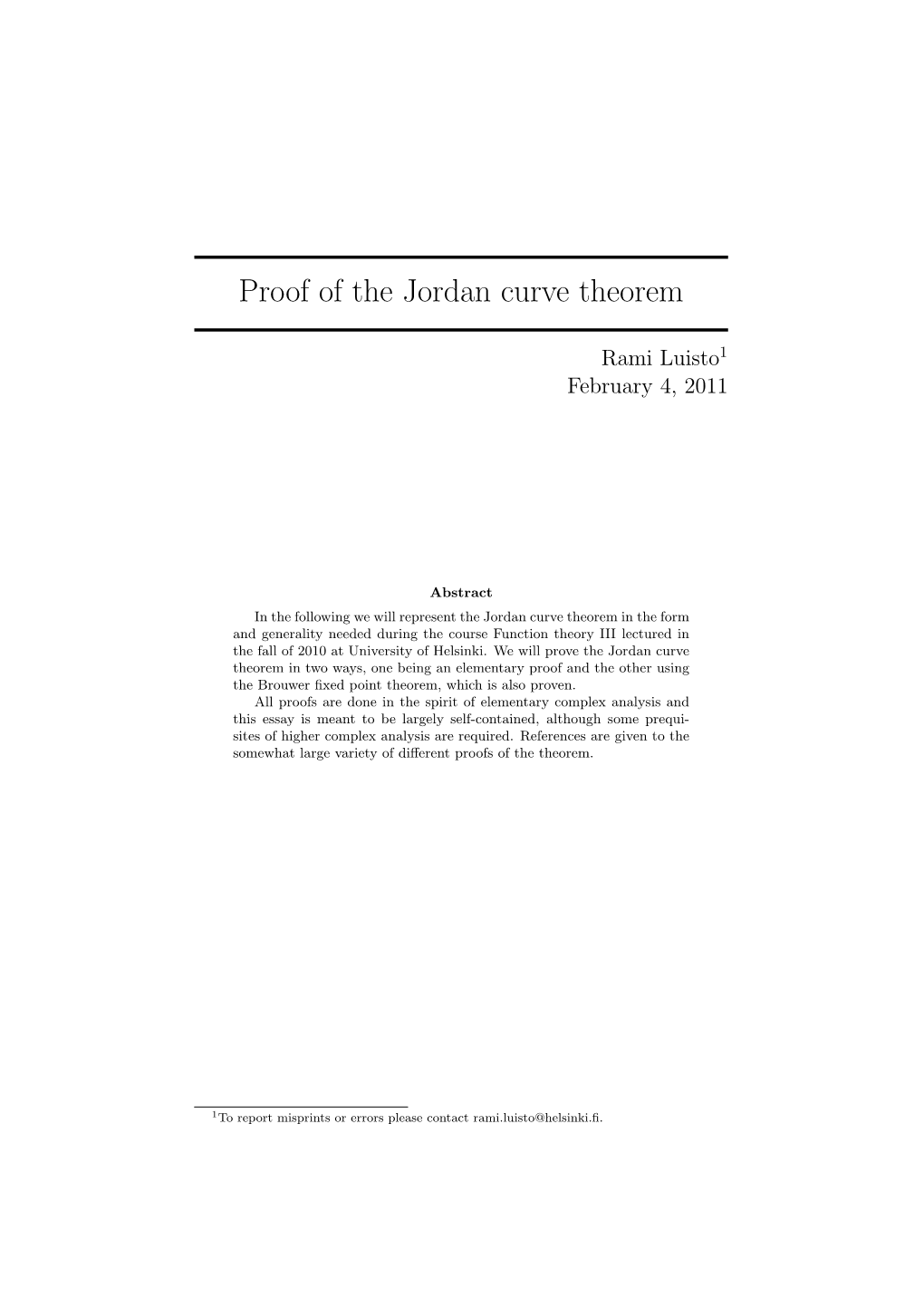 Proof of the Jordan Curve Theorem