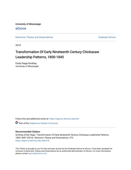 Transformation of Early Nineteenth Century Chickasaw Leadership Patterns, 1800-1845
