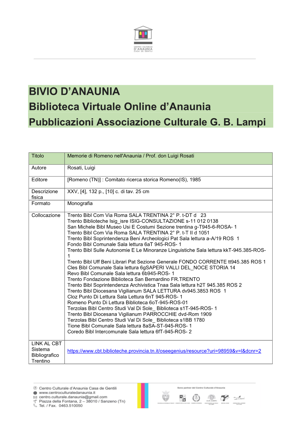 BIVIO D'anaunia Biblioteca Virtuale Online D'anaunia