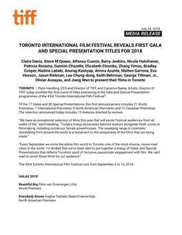 Media Release . Toronto International Film Festival