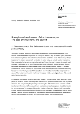 Strengths and Weaknesses of Direct Democracy— the Case of Switzerland, and Beyond