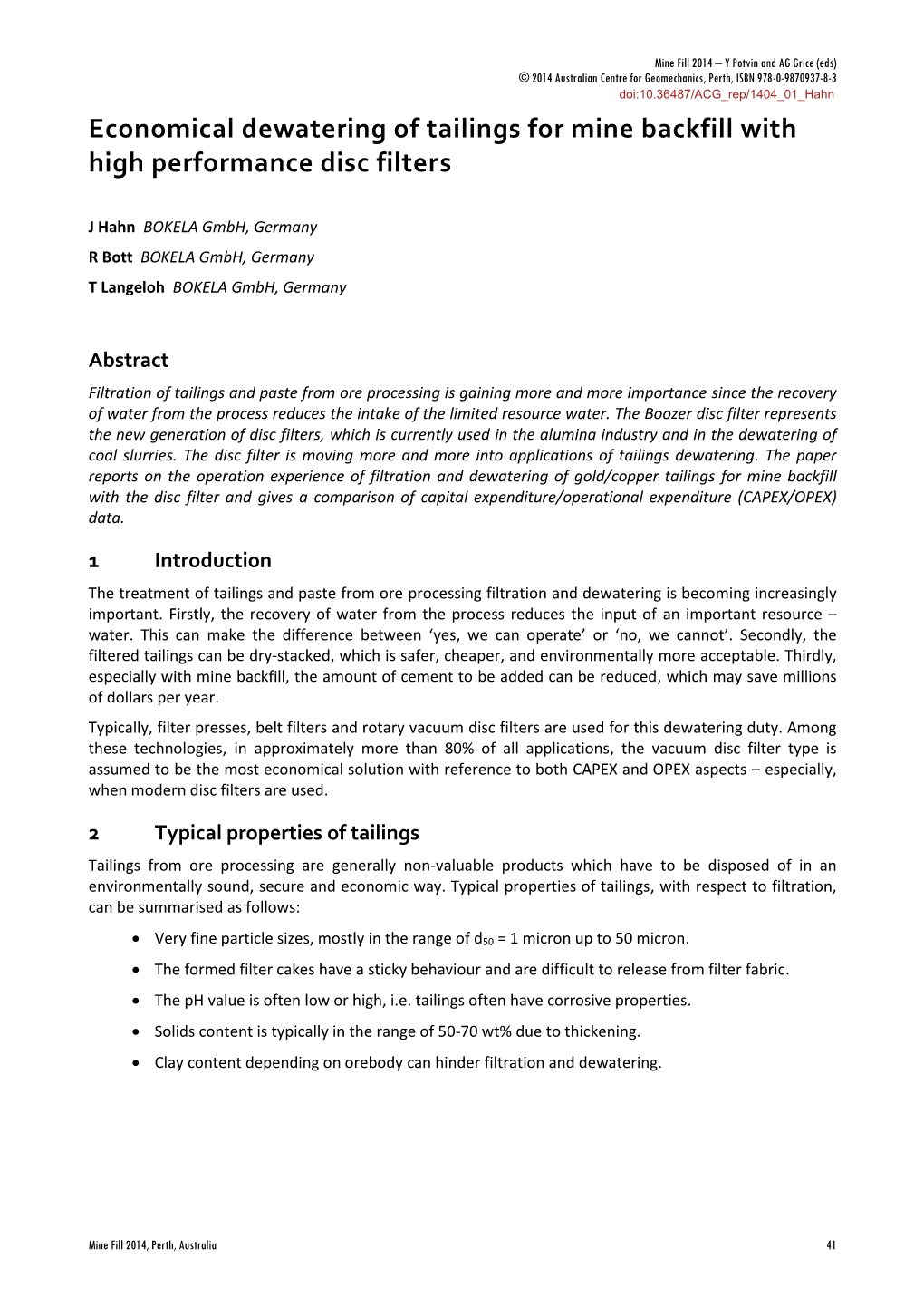 Economical Dewatering of Tailings for Mine Backfill with High Performance Disc Filters