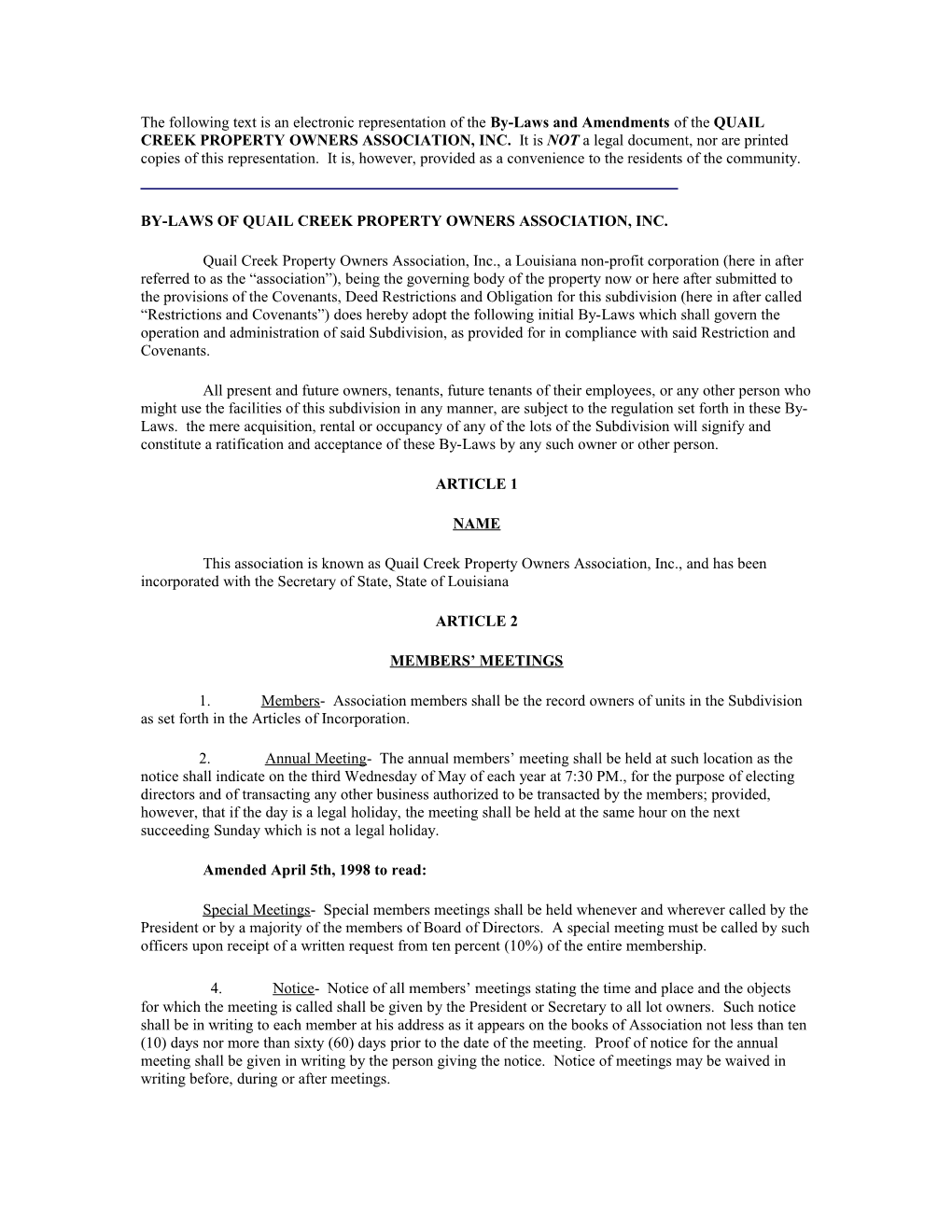 The Following Text Is an Electronic Representation of the By-Laws and Amendments of The