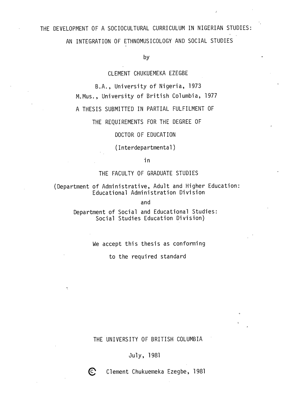 The Development of a Sociocultural Curriculum in Nigerian Studies: an Integration of Ethnomusicology and Social Studies