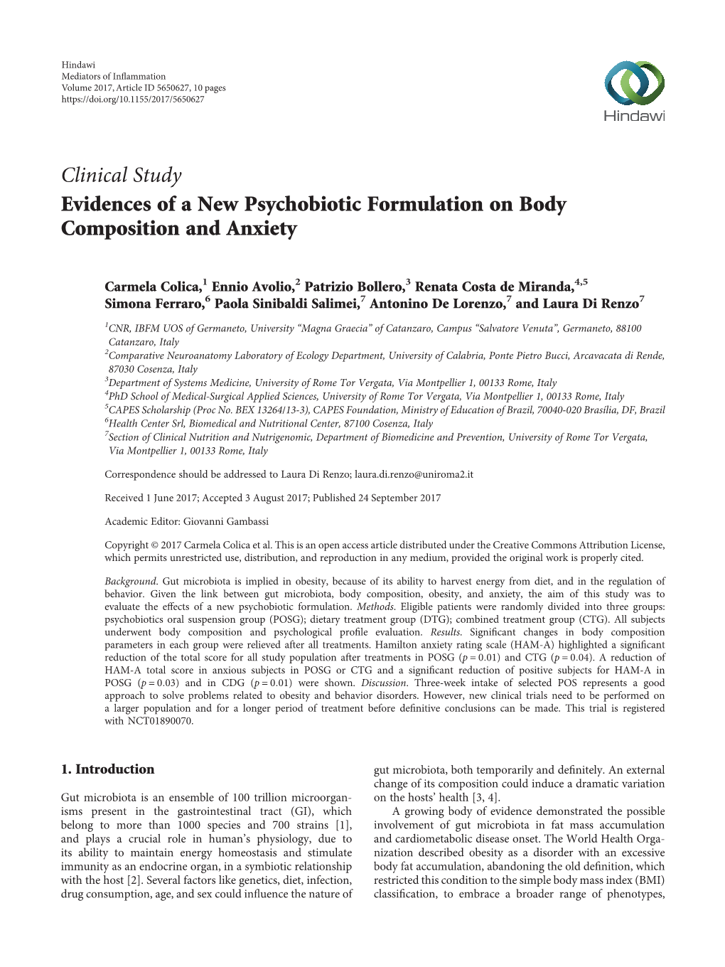 Clinical Study Evidences of a New Psychobiotic Formulation on Body Composition and Anxiety