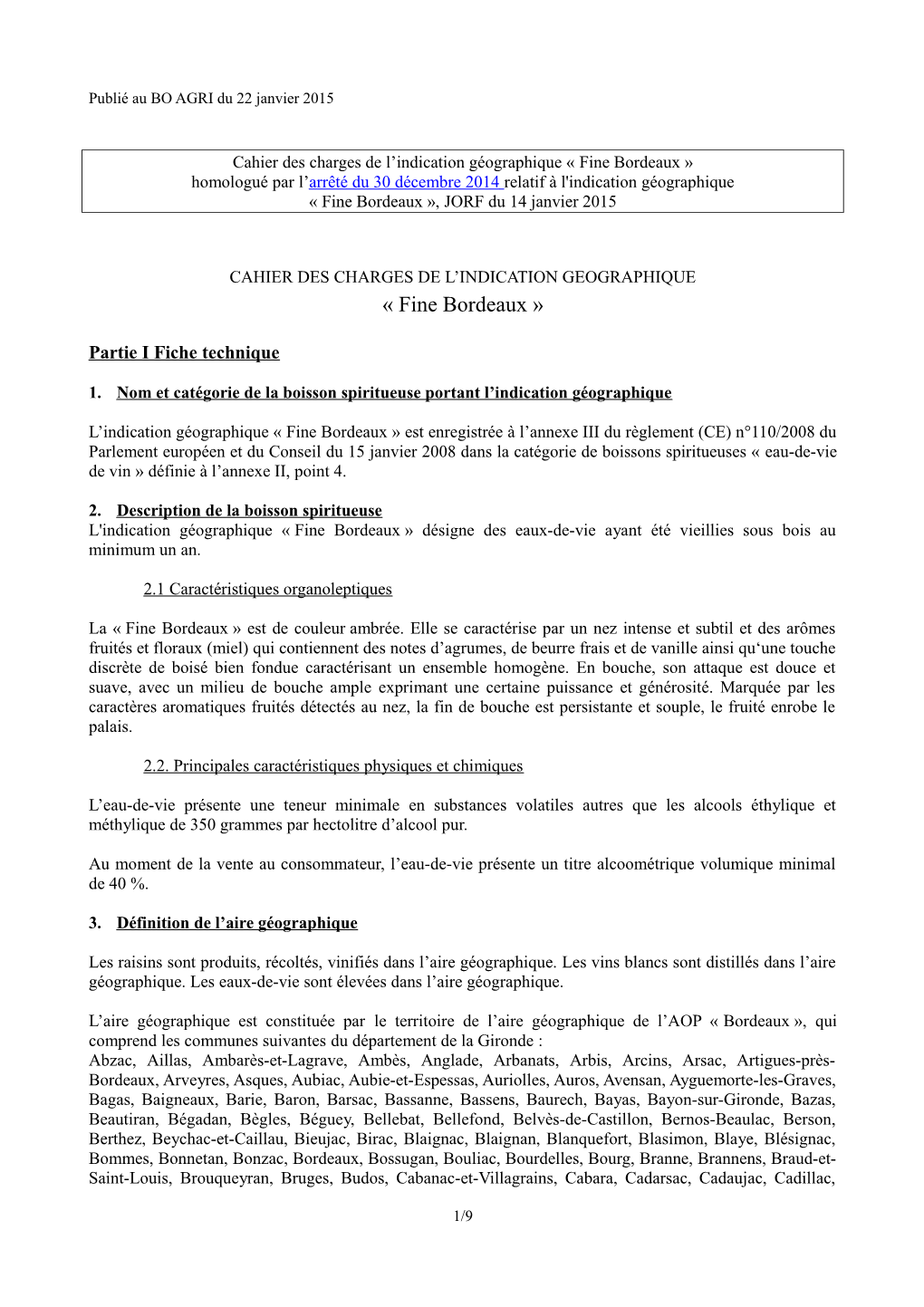Cahier Des Charges De L'indication Géographique « Fine Bordeaux