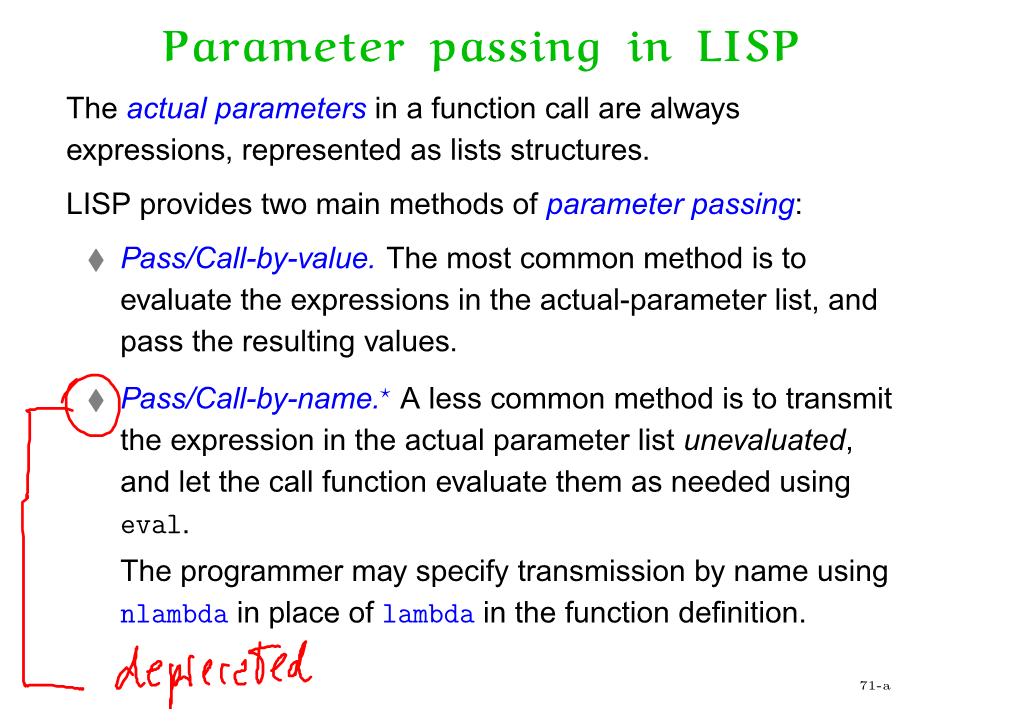 Parameter Passing in LISP the Actual Parameters in a Function Call Are Always Expressions, Represented As Lists Structures