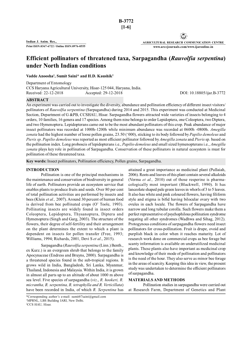 Efficient Pollinators of Threatened Taxa, Sarpagandha (Rauvolfia Serpentina) Under North Indian Conditions