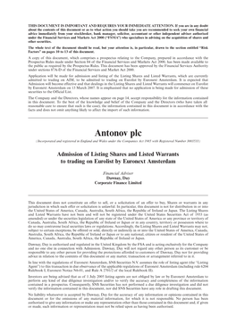 Antonov Plc 5.1.1 (Annex I) (Incorporated and Registered in England and Wales Under the Companies Act 1985 with Registered Number 3003533) 5.1.2 (Annex I)