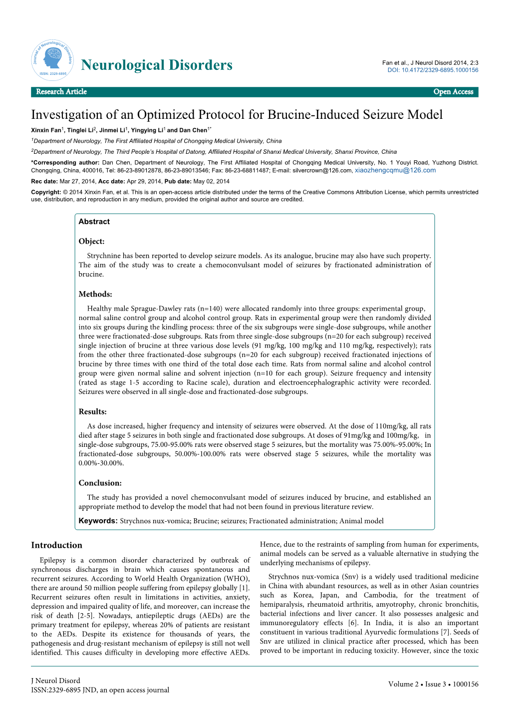 Investigation of an Optimized Protocol for Brucine-Induced Seizure Model