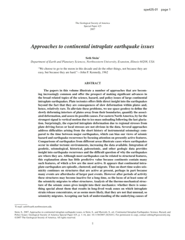 Approaches to Continental Intraplate Earthquake Issues