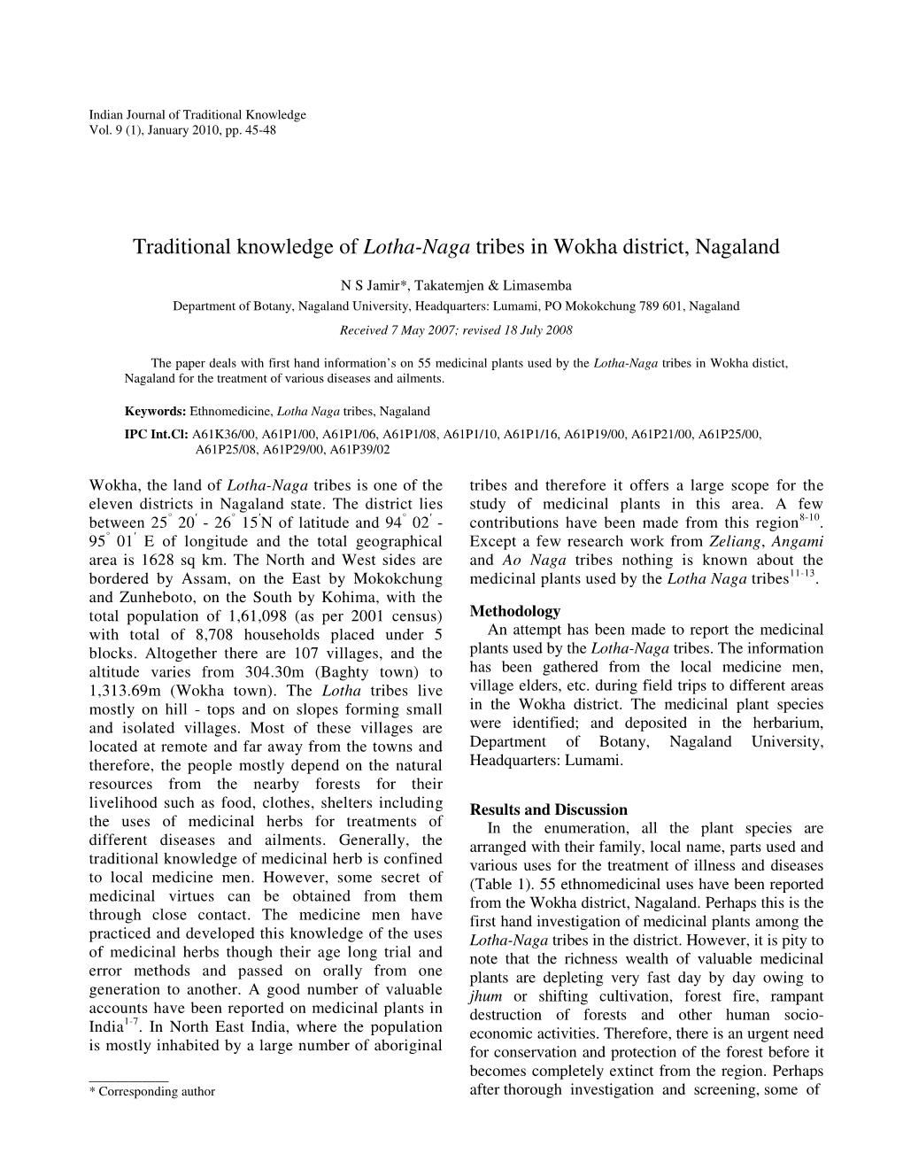 Traditional Knowledge of Lotha-Naga Tribes in Wokha District, Nagaland