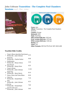 John Coltrane Tranesition - the Complete Paul Chambers Sessions Mp3, Flac, Wma