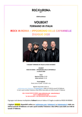 Volbeat Tornano in Italia
