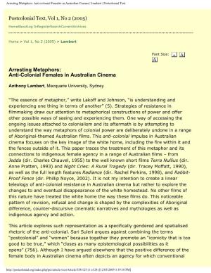 Arresting Metaphors: Anti-Colonial Females in Australian Cinema | Lambert | Postcolonial Text