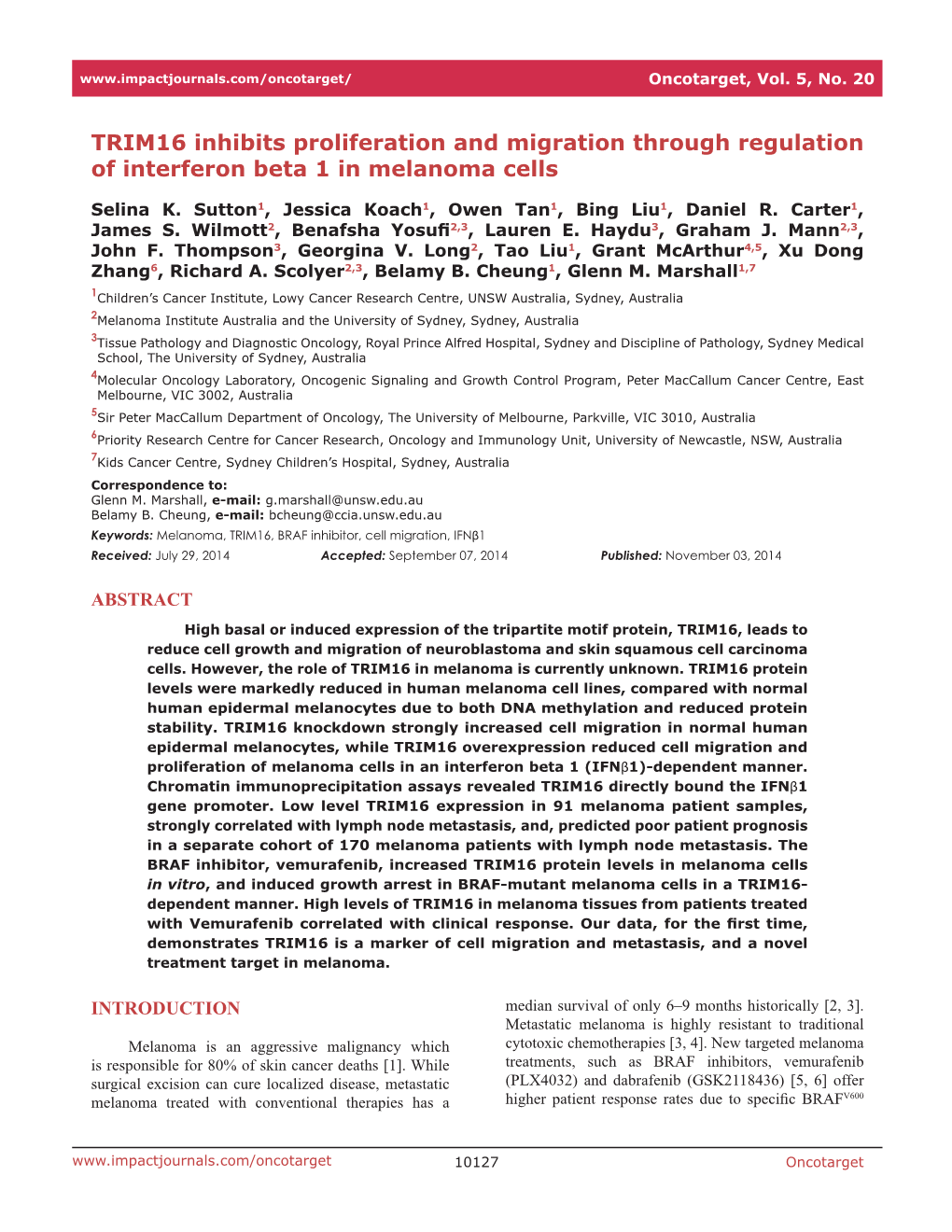 TRIM16 Inhibits Proliferation and Migration Through Regulation of Interferon Beta 1 in Melanoma Cells