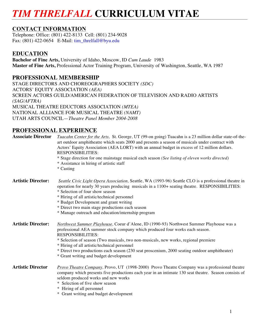 Tim Threlfall Curriculum Vitae