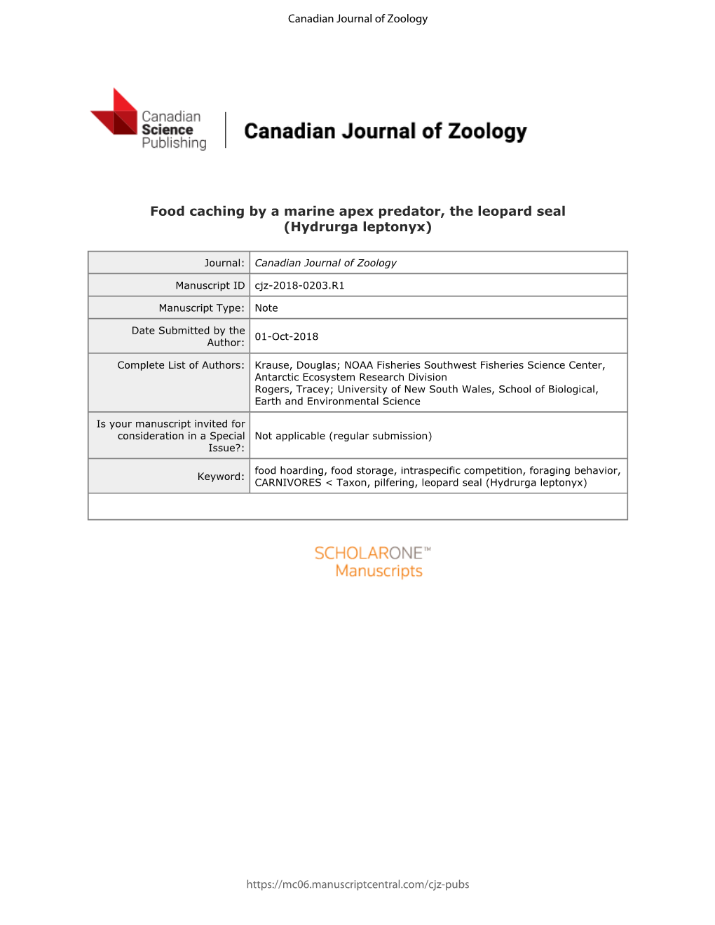 Food Caching by a Marine Apex Predator, the Leopard Seal (Hydrurga Leptonyx)