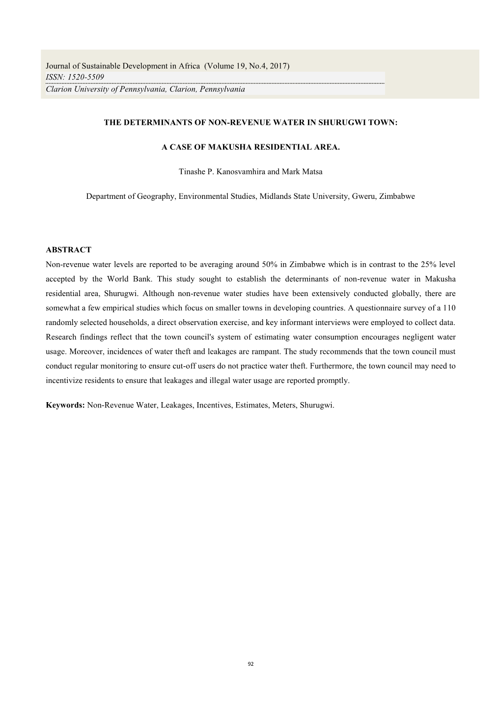 The Determinants of Non-Revenue Water in Shurugwi Town